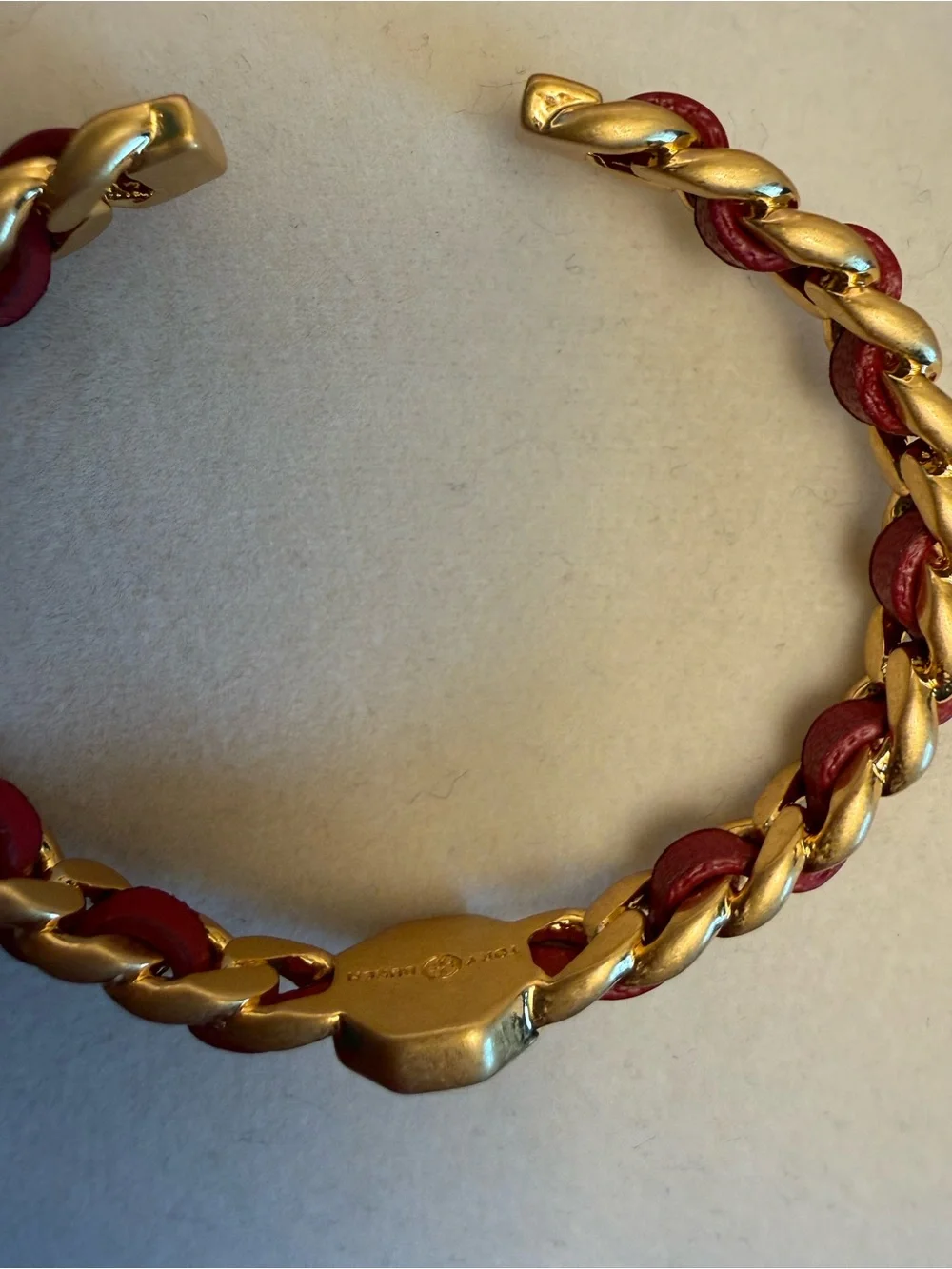 Tory Burch Red Leather and Gold Logo Chain Cuff